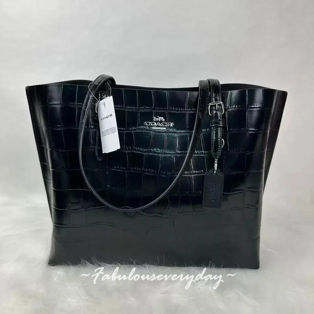 Coach Mollie Tote Bag In Crocodile-embossed Leather/Silver/Black CW018